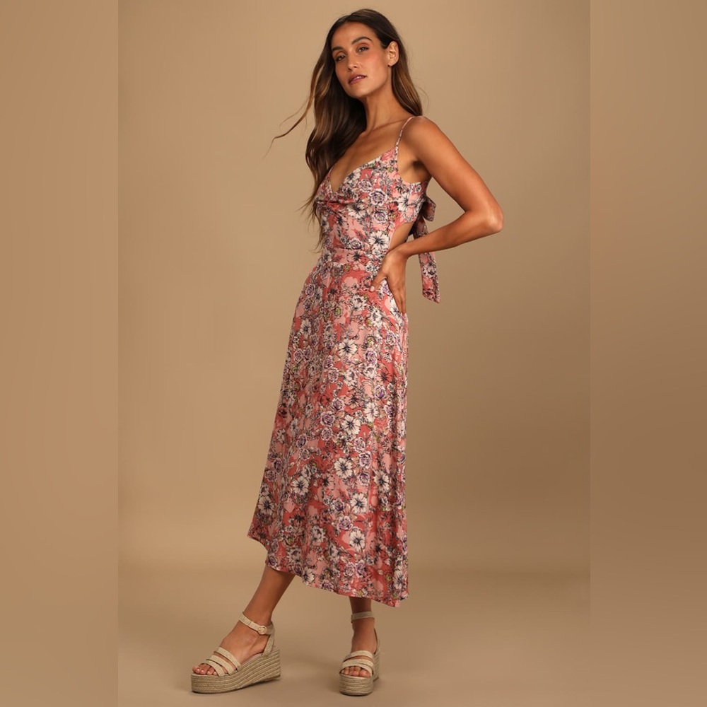 Lulus Ties With You Rose Pink Floral Print Tie-Back Midi Dress New - Picture 3 of 5